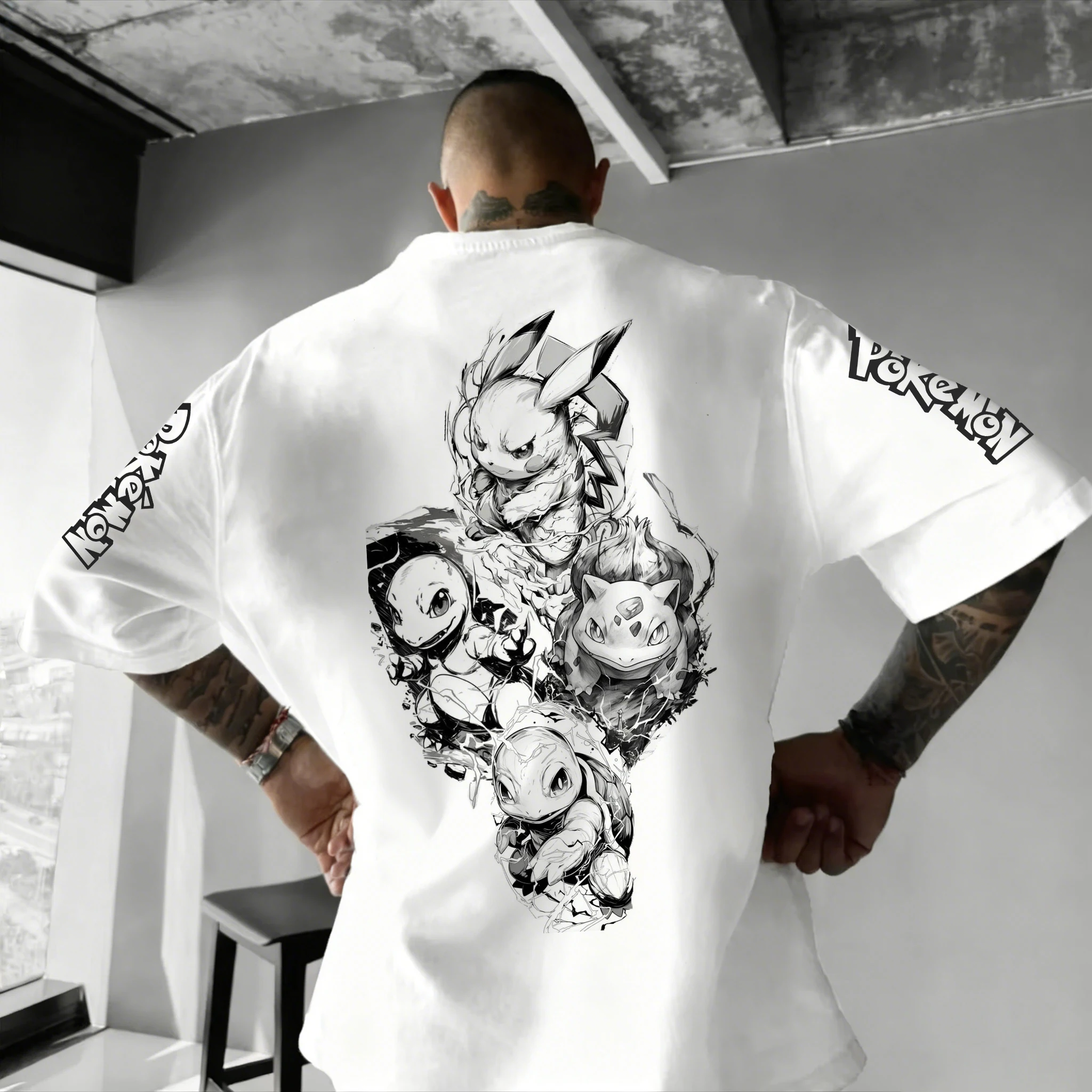 Camiseta de Verano 2026 con Estampado de Doble Cara de Pokémon Starter Ink Wash, 100% Algodón, Holgada, Informal, Talla Grande para Adultos y Niños Y2k