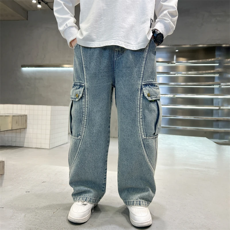 

Fashion Street Denim Pants Teenager Child Elegant Trousers New Casual Children Straight Leg Cargo Jeans With Pocket for Teen Boy