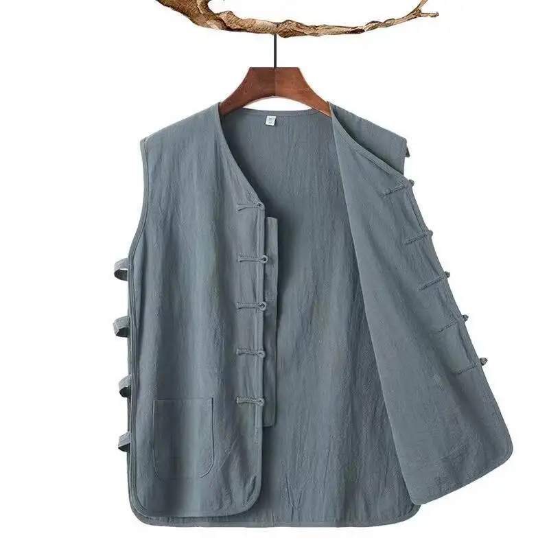 Summer Thin Cotton Linen Men's Vest Large Size Button New Chinese Style Mahua Sleeveless Top Linen Sweatshirt Casual Wear