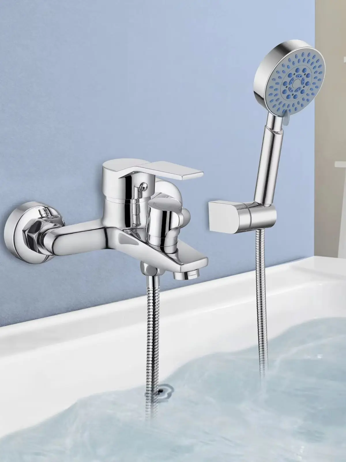 Oeegoo Badewannenarmatur mit Handbrause, Messing-Mischbatterie für Badewanne mit 5 Funktionen, inklusive Wandhalterung und 150 cm Duschschlauch – Detail 1