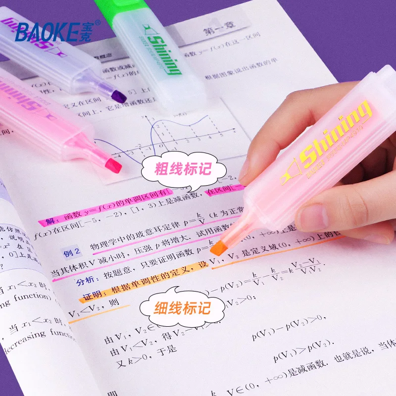 BAOKE MP4910-6 Маркеры 6 цветов, долотообразный наконечник, флуоресцентные, быстросохнущие, идеально подходят для изучения, нотаток,