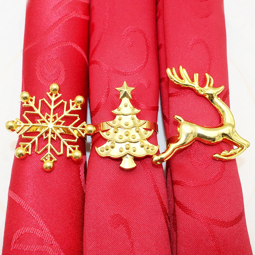 6Pcs Gold Christmas Napkin Ring Metal Snowflake Deer Serviette Buckle Xmas Tree Napkin Holder for Home Christmas Table Decor