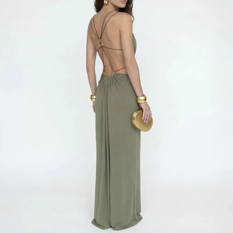 Elegantes Damen-Maxikleid mit Neckholder-Ausschnitt, sexy tiefem V-Ausschnitt, Metallketten-Taille, langes Sommerkleid, ärmellos, rückenfrei, Boho-Partykleid