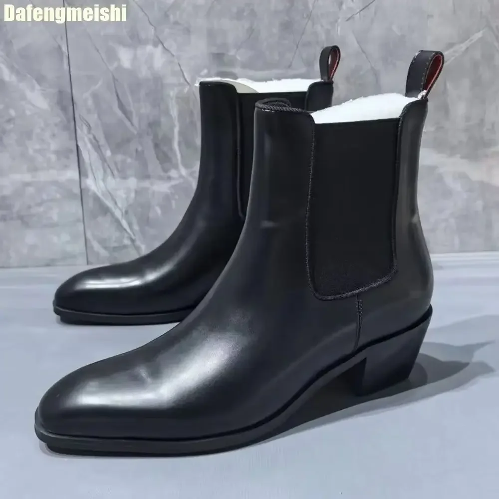 

Cashmere/leather Round Toe Women Boots Chunky Heel Stretch Fabric Slip-On Suede Ankle Boots 2025 New Fashion Black Short Boots