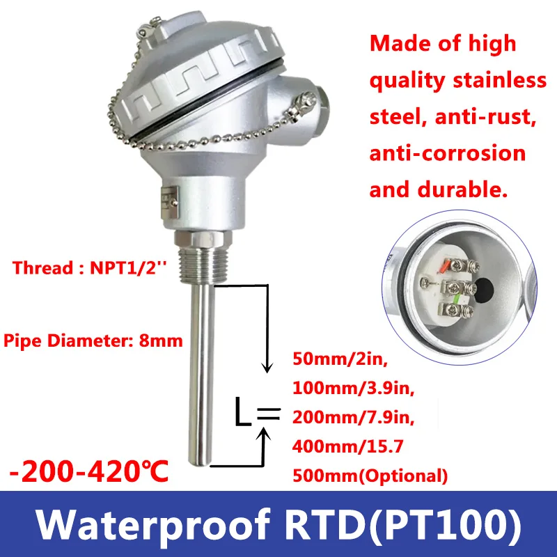 الفولاذ المقاوم للصدأ-200 ~ 420 مللي متر RTD PT100 مسبار استشعار درجة الحرارة 1/2 موضوع الحرارية محطة رئيس لمستشعر درجة الحرارة #1