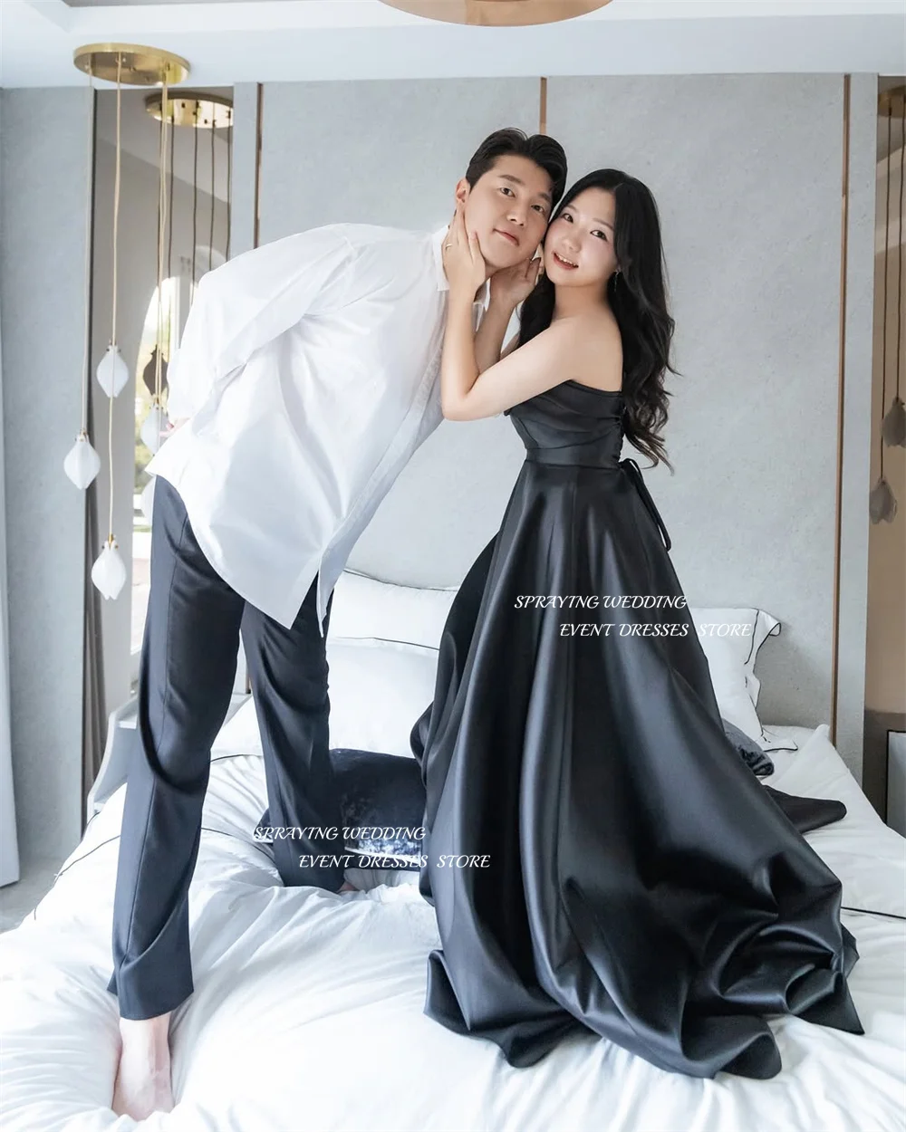 SPRAYING – robe de soirée en Satin noir Simple, robe de mariée coréenne, séance Photo, sans bretelles, ligne A, longue, Corset, fête de mariée, personnalisée