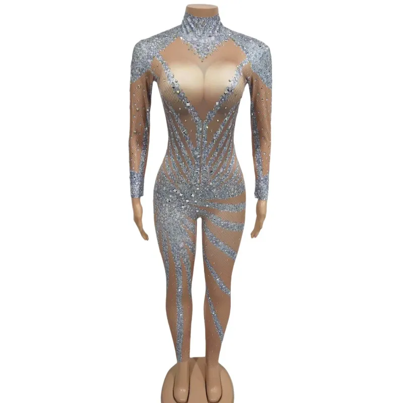 

Women Shiny Rhinestones Printed Jumpsuit Sexy Halloween Party Performance Costume Crystal Leotard Bar Nightclub Show Stage Wear