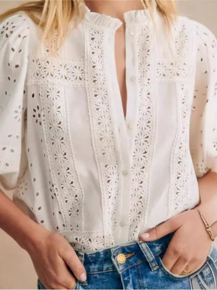 Hollow Loose Shirt Women Summer 2024 New French Embroidery Stand-up Collar Shirts Five-quarter Sleeve Elegant Chic Blouse Tops