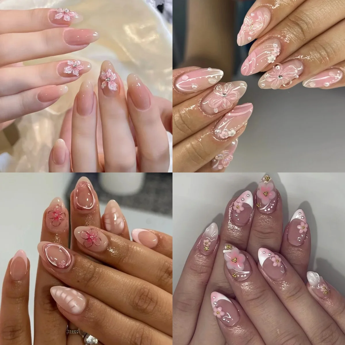 

Pink Flowers Metal Snake Pattern Long Pointed Fake Nails Art Bowknot Almond False Nails Press on Nails Charms for Manicure Tool