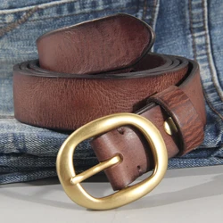Handmade Luxury Vintage Casual Pure Copper Pin Buckle Women's Belt 100% Genuine Leather Jeans Soft Belt Designer Belt