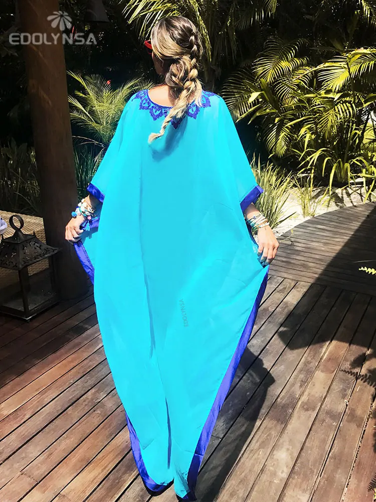 2023 Blue Bohemian Embroidered Batwing Sleeve Side Split Summer Beach Dress Chiffon Tunic Women Plus Size Beachwear kaftan Q746