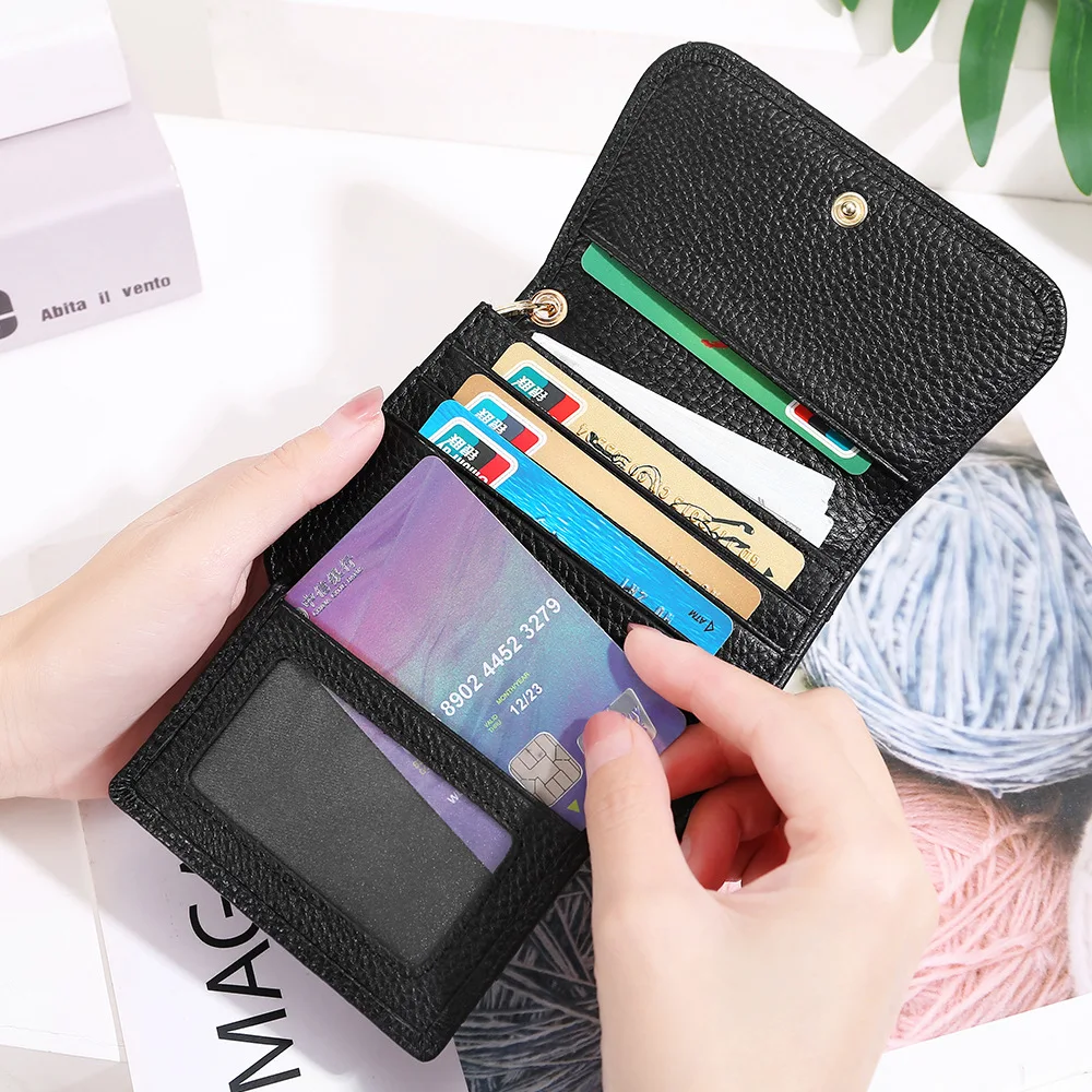 

Genuine Leather Women's Short Wallet RFID Fashion Cowhide Small Wallets Trifold Card Holder Ladies Zipper Coin Purse Money Bag