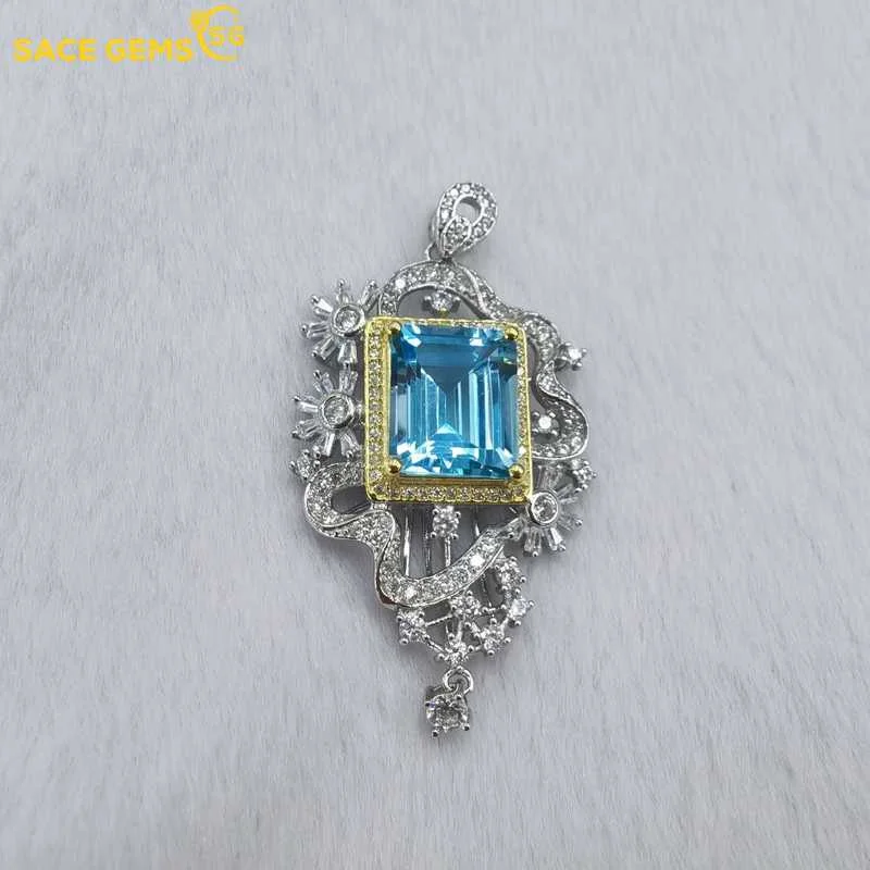 SACE GEMS Luxury Pendant for Women 925Sterling Silver 10*12mm Swiss Blue Topaz Pendant Necklace Wedding Party Fine Jewelry Gifts