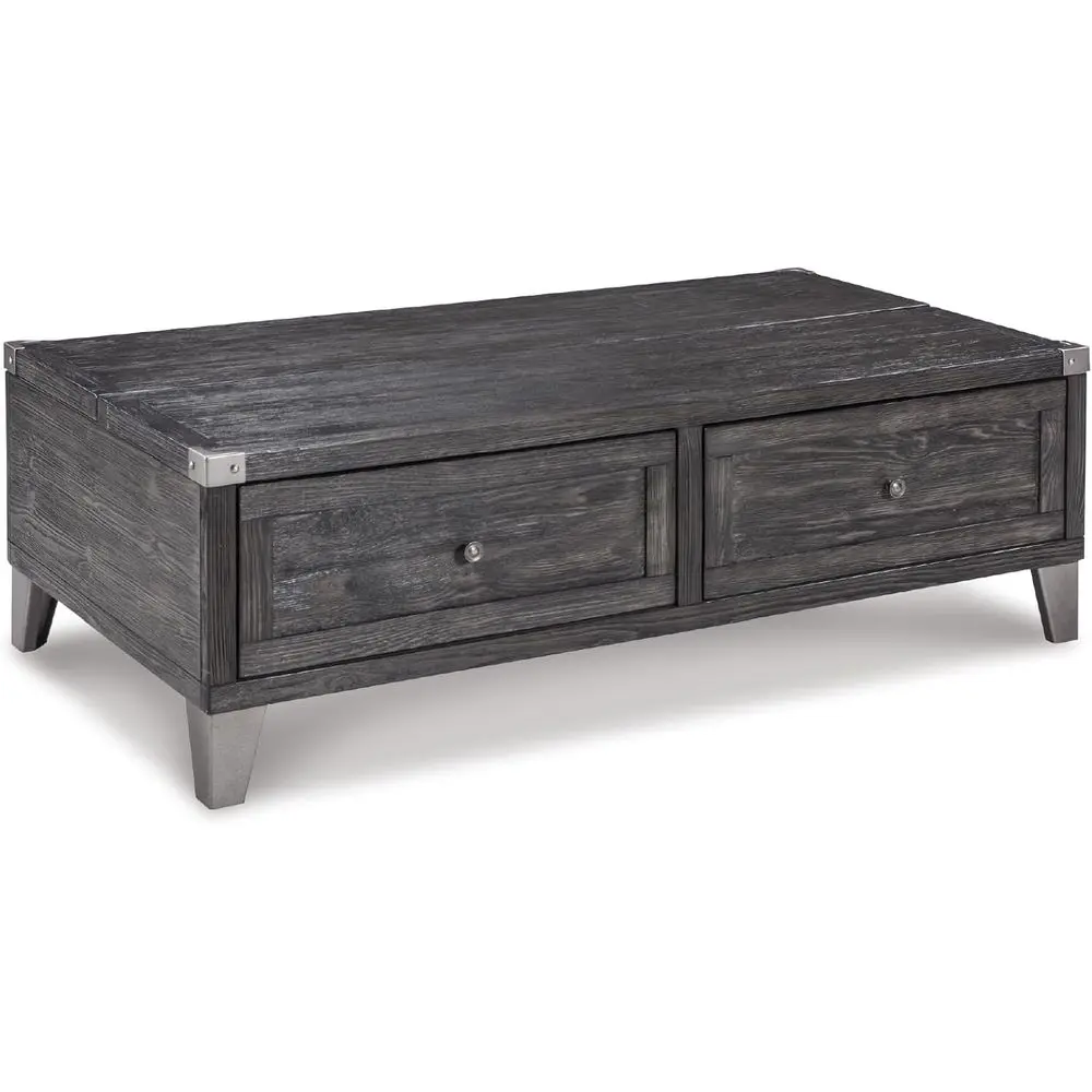 

Industrial Spring Coffee Table with Storage Drawers, Metal Legs, Wood, Gray and Weathered Pine Finish