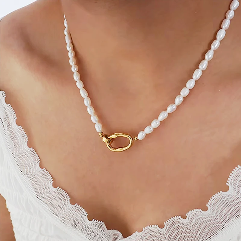 

Nivora Full Freshwater Pearl Beads Chain Necklaces Bracelets For Women Stainless Steel Oval Pendant Elegant Women Jewelry Sets