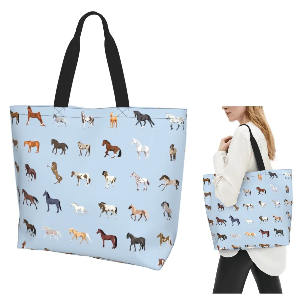 

USA Horse Breeds Pattern Shopping Tote Bag Canvas Large Capacity Shoulder Bags Shopper Grocery Handbag for Women