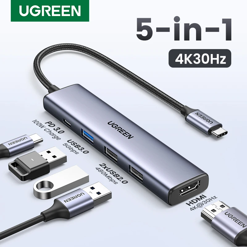 UGREEN 5 w 1 USB C Hub 4K HDMI USB HUB 100W Multiport Adapter dla MacBook Pro/Air, iPad Pro, iMac, iPhone 15 Pro/Pro Max, XPS