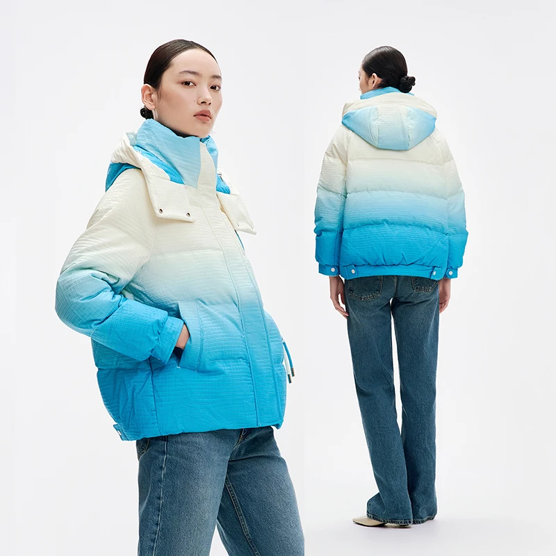 Chericom Damen-Puffermäntel mit Kapuze, Farbverlauf, kurz, Stehkragen, Farbblock, winddicht, Pendler-Daunenjacken Y289082Y