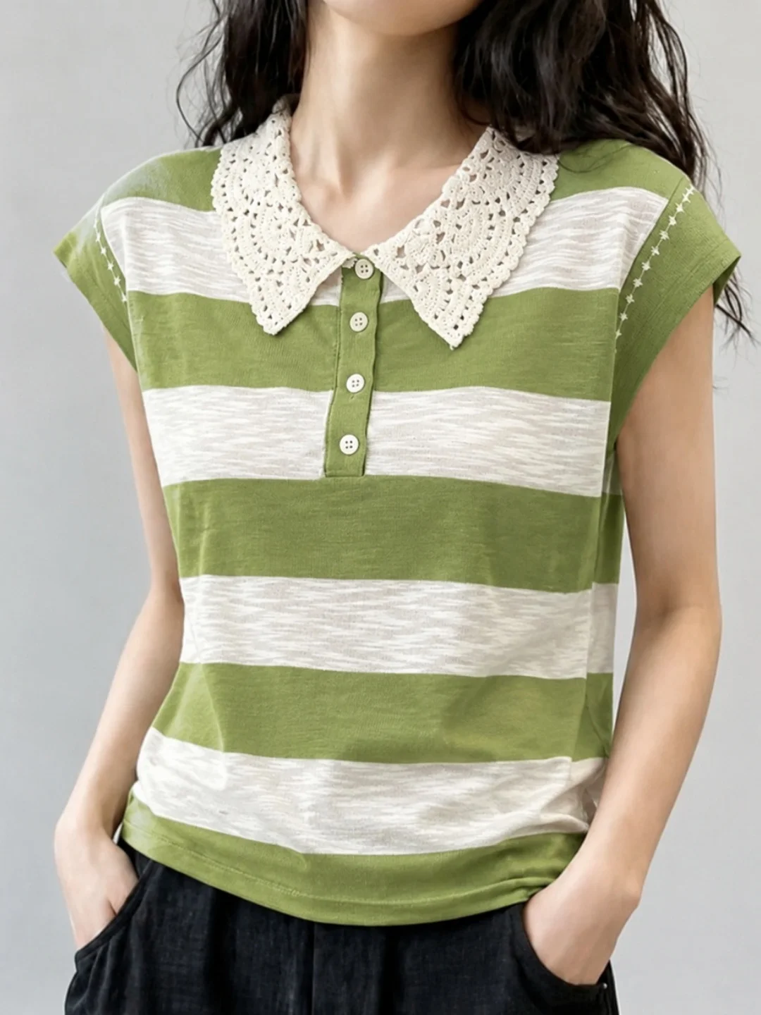 

Elegant Contrast Color Striped Ice Silk Knitted Shirt Collar Design Summer Fashionable Top for Women Casual Loose Fit Short S...