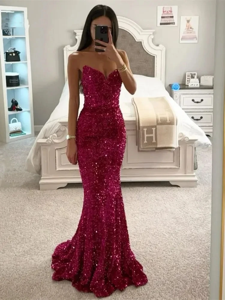 Vestido De sirena De lentejuelas brillantes rojo vino, Vestido De Novia con cuello en V, hombros descubiertos, purpurina, baile De graduación, elegante, sin mangas