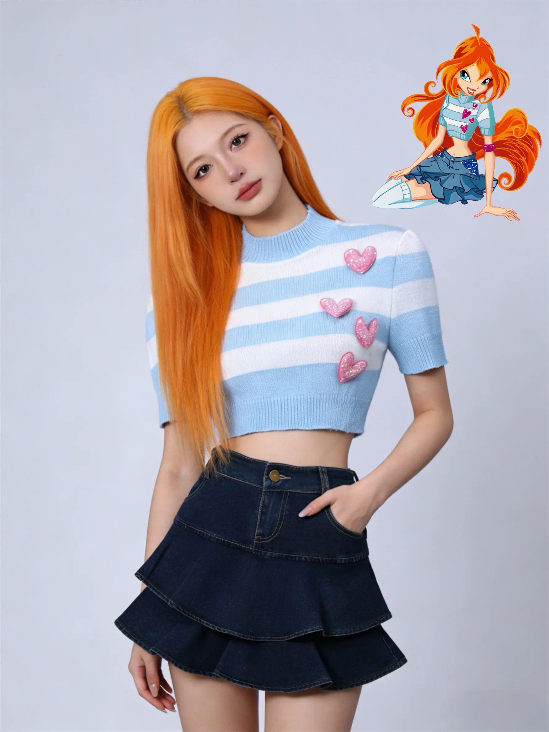 

Anime Win Clubb Bloom Cosplay Costume Jirai Kei Girls Retro Striped Knitted Heart Lovely Short Sleeve T-Shirt Mini Dress Cos