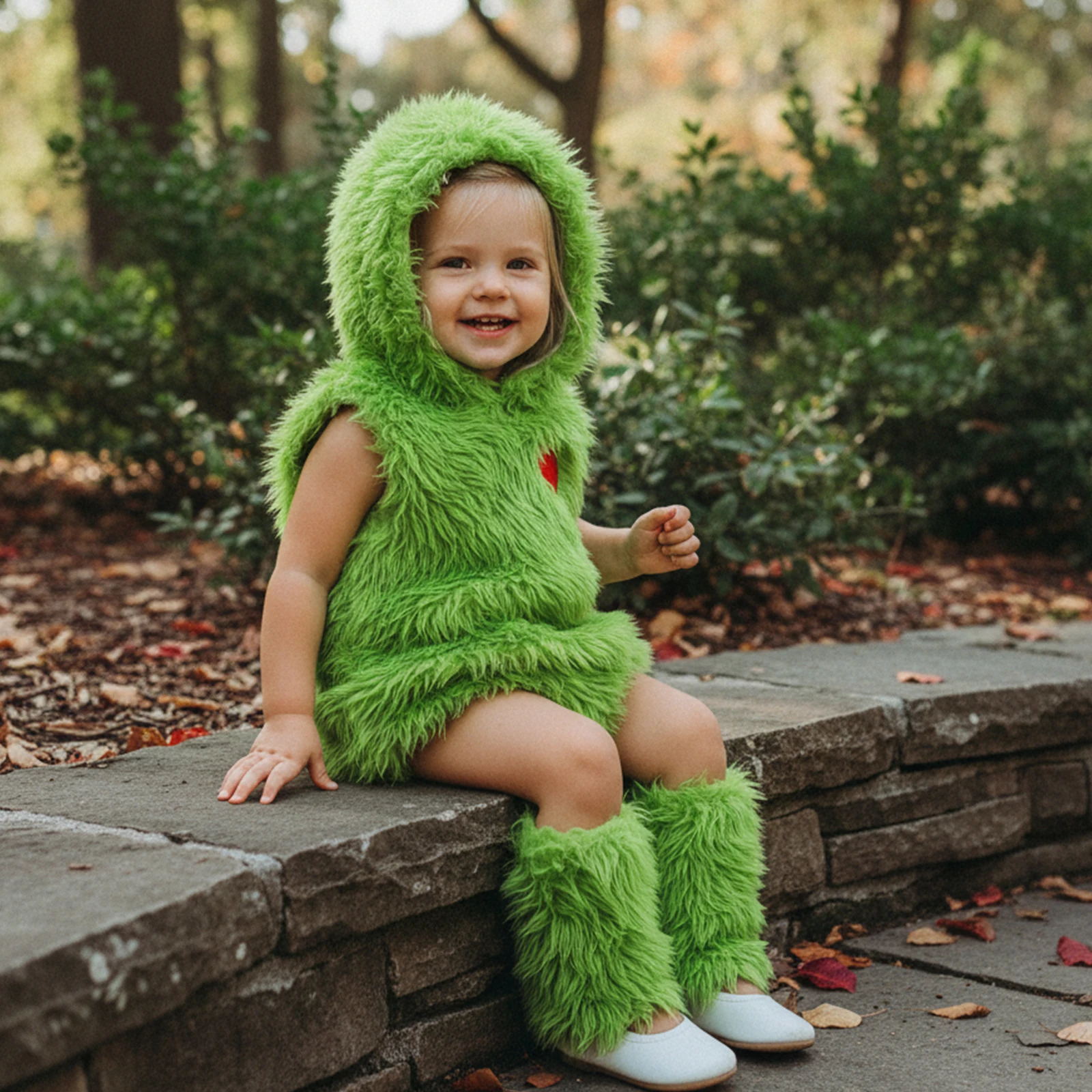 Newborn Baby Girls Christmas Plush Romper Green Sleeveless Hooded Heart Embroidery Jumpsuit with Leg Warmers