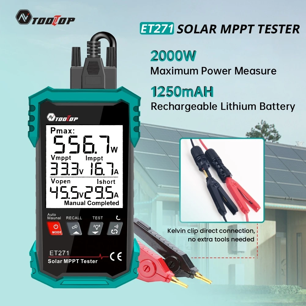 TOOLTOP ET271 2000W Solarstrom-Tester 3,2-Zoll Photovoltaik Pmax Voc Isc Messgerät mit Überspannungsschutz PV-Modul Reparaturwerkzeuge