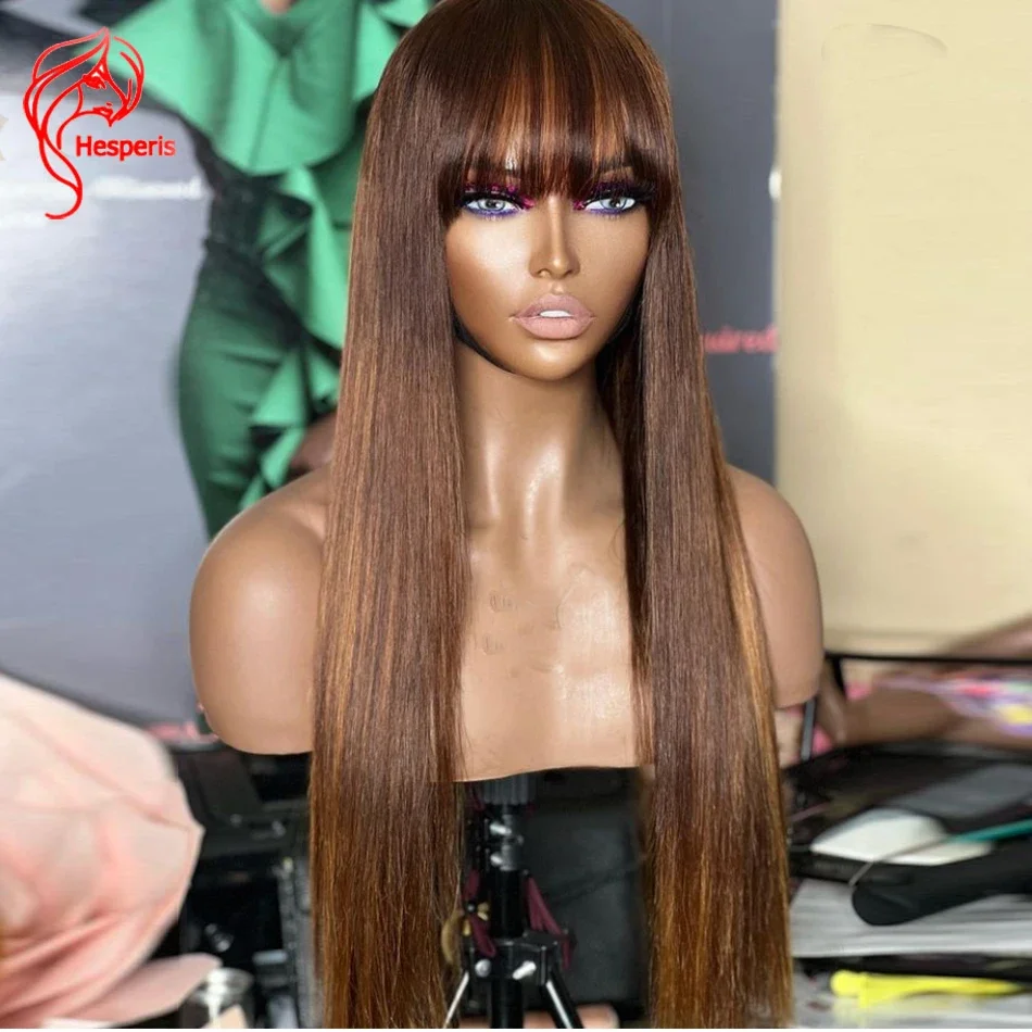 

Hesperis Silk Straight Human Hair Wig With Bangs Blonde Highlight Scalp Top Full Machine Made Wig Wear And Go Brazilian Remy