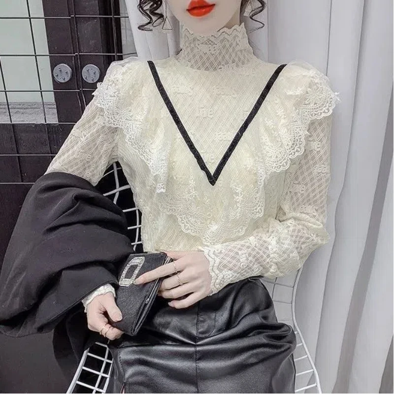 Lace Ruffles Patchwork Loose Bottoming Shirt Spring Autumn Long Sleeve Solid Elegant T Shirt Tops Fashion Office Women Clothing