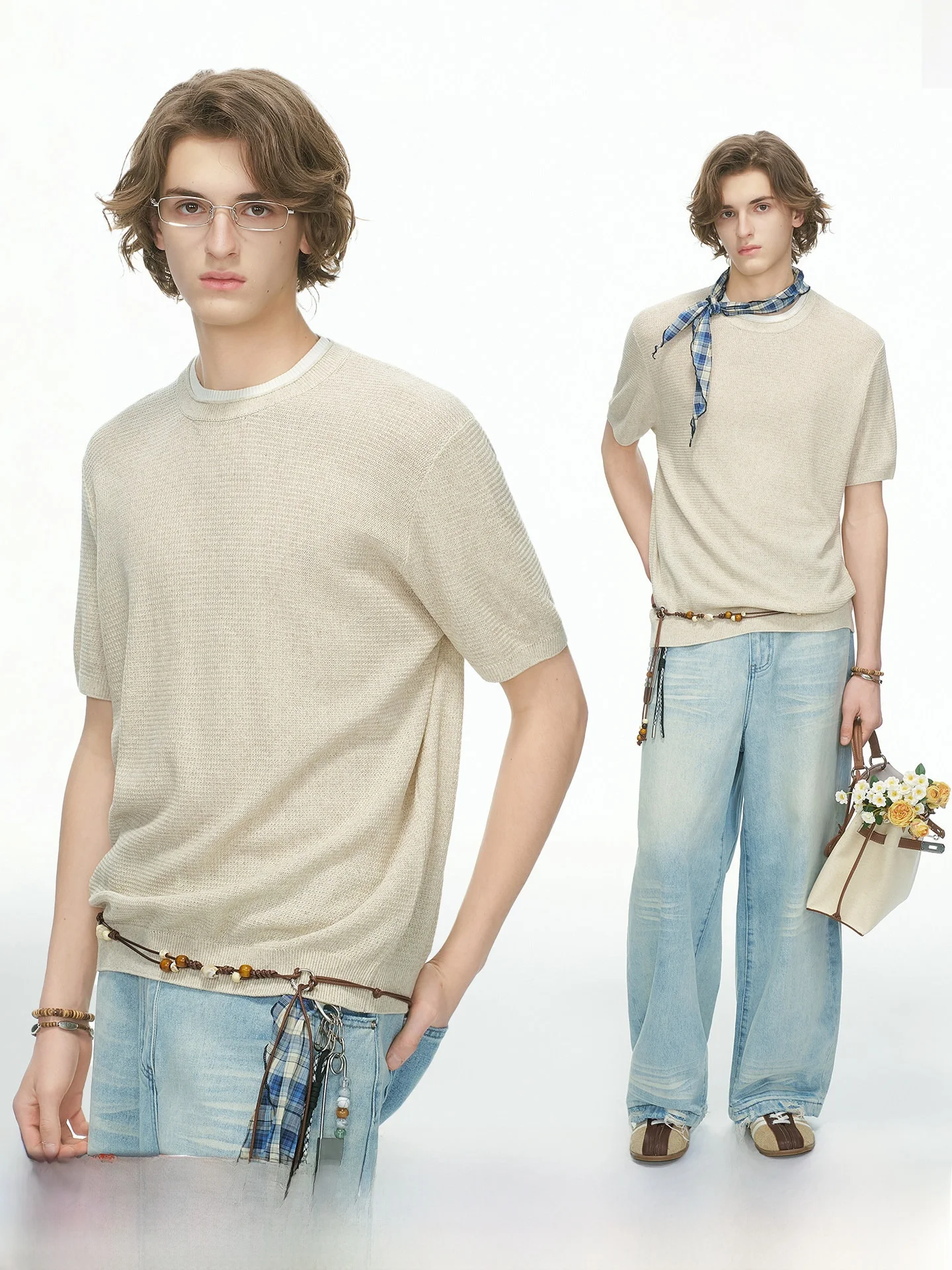Dream Made Men's Short Sleeve Knitted T-Shirt Summer Breathable Linen Silk Blend Loose Fit round Neck Casual Top