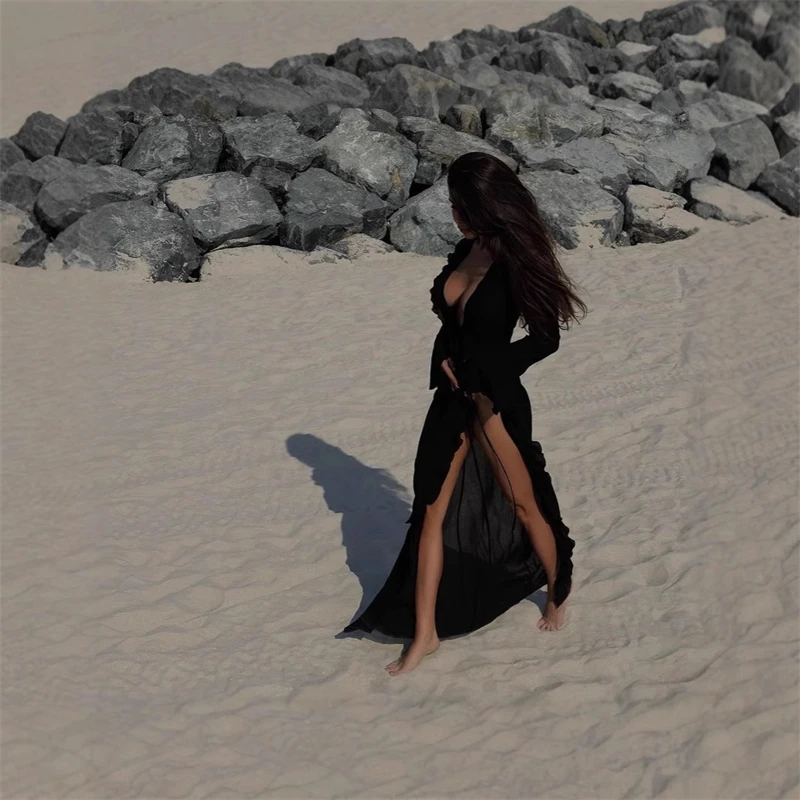 Mode V-ausschnitt Sommer Strand Cover Up Rüschen Langarm Strand Kleid Badeanzug Casual Badeanzug Cover Up Kleid Für Frauen