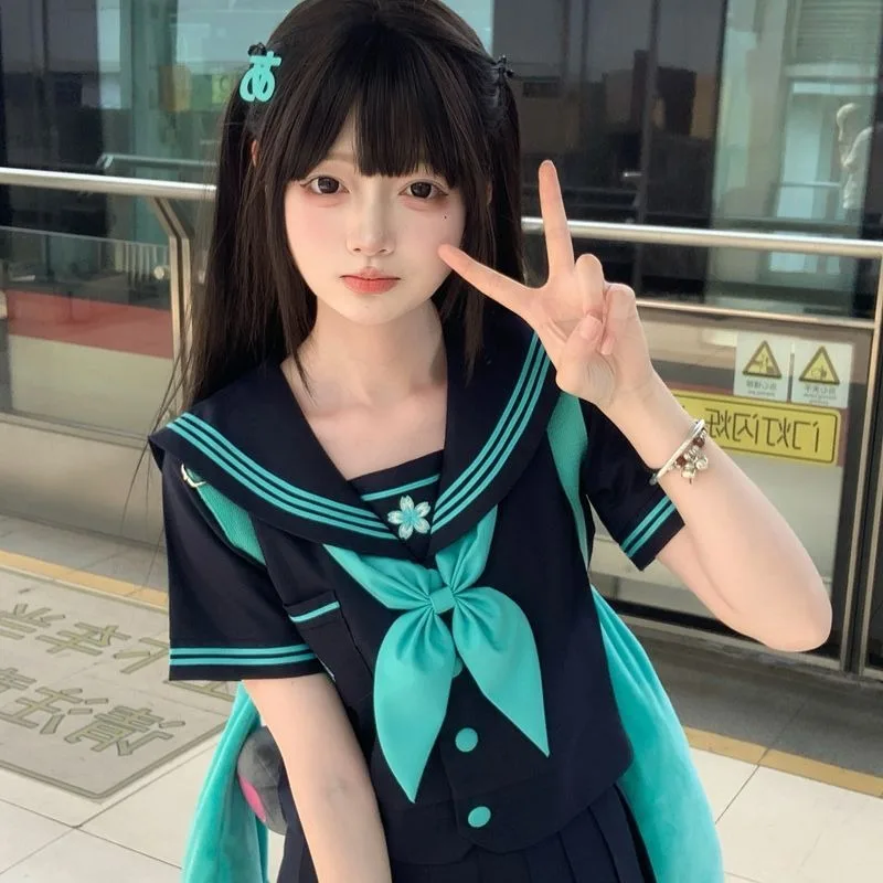 JK 유니폼 선원 복장 정품 일본 대학 스타일 기본 학생 반팔 양복 귀여운 역할 놀이 반팔 여름 청록색