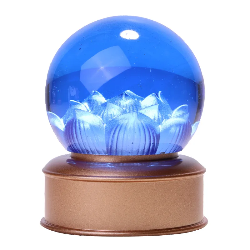 Colored Glaze Lotus Luminous Crystal Ball Home Decorative Ornament Aluminium Alloy Metal Base LED Night Light Table Lamp Gift