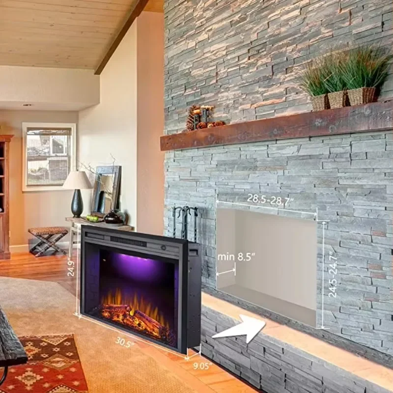 28 Trim Insert Realistic Electric Fireplace Heater LED Top Light 3 Colors Built-in Installation for Household Hotel Use