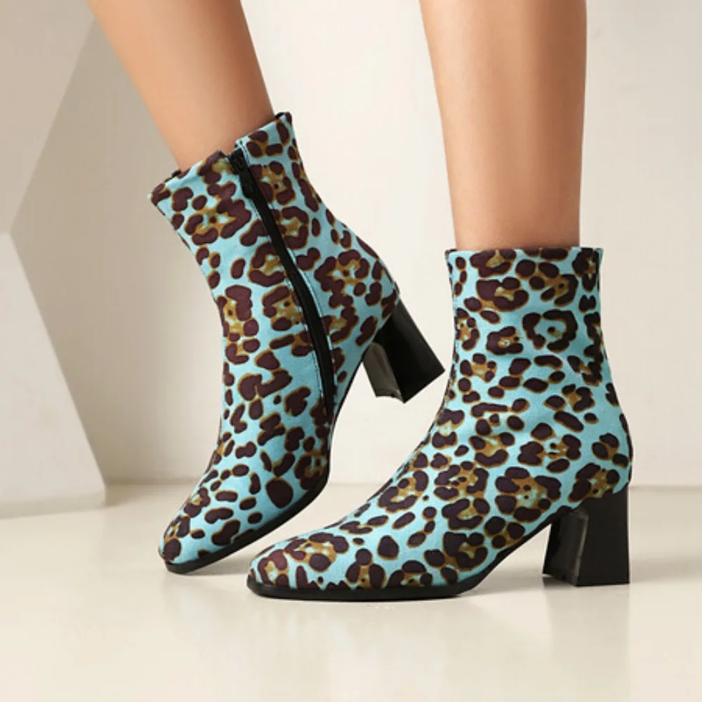 Leopard Print Flock Upper Round Toe Thick Heel Plush Lining Short Boots Sewing Side Zipper Autumn New Fashion Women's Shoes