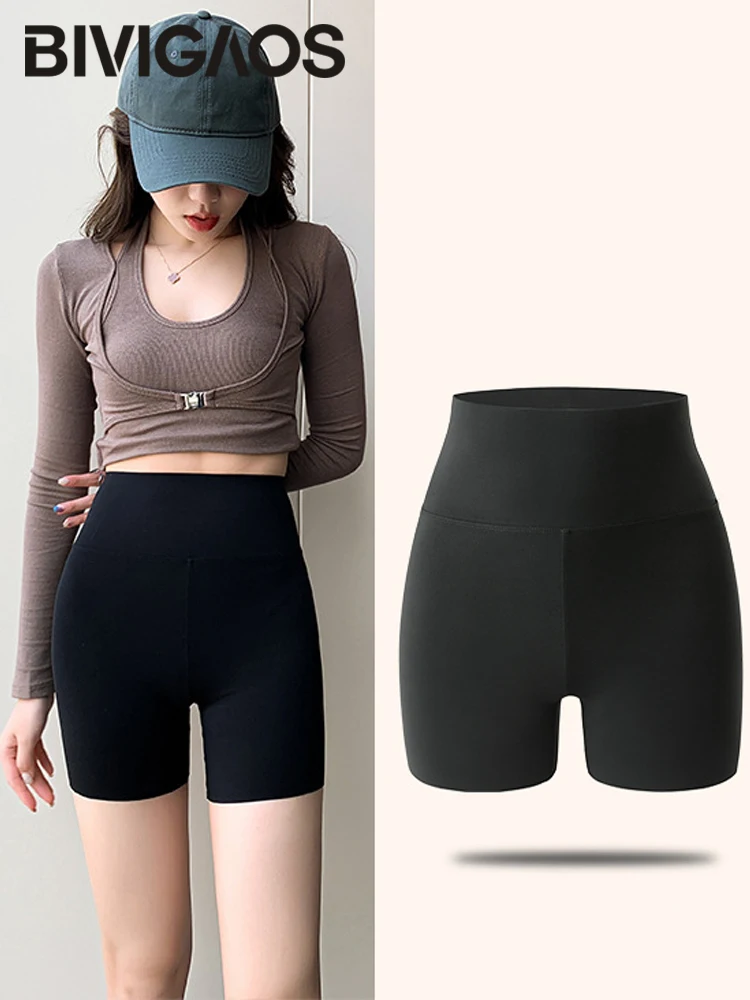 BIVIGAOS Summer High Waist Tight Mini Shorts Women's Multi-Color Thin Casual Sports Safety Shorts Fitness Running Cycling Shorts