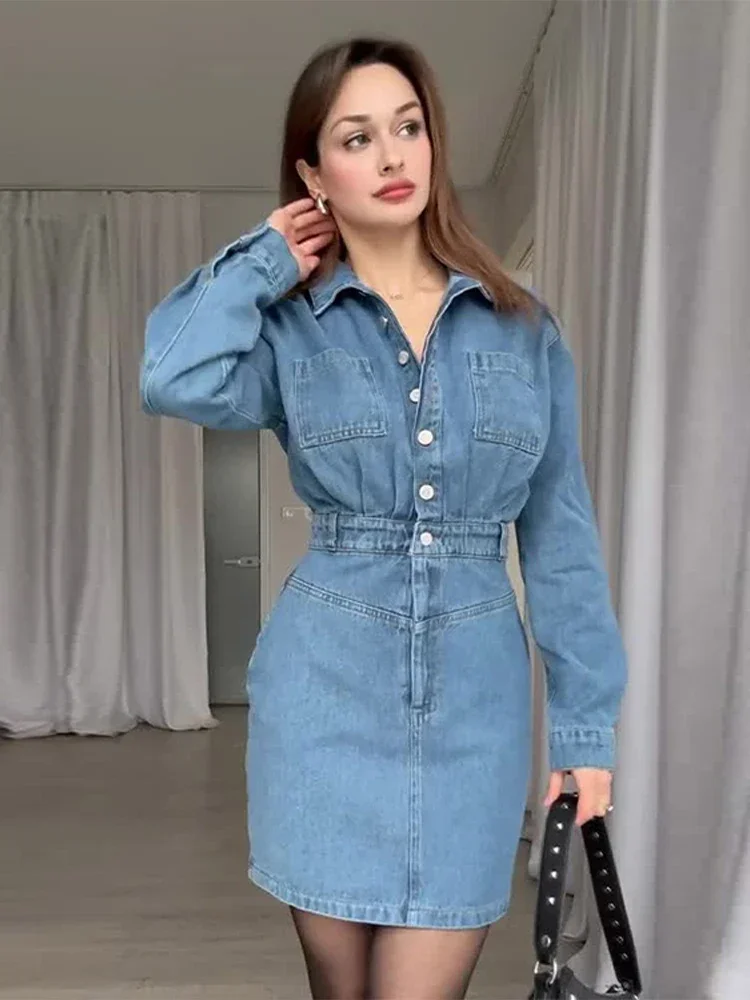 

Vintage Solid Slim Women Dresses Full Sleeve Single Breasted Lady Mini Dress 2025 Fashion Lapel Elastic Waist Pocket Female Robe