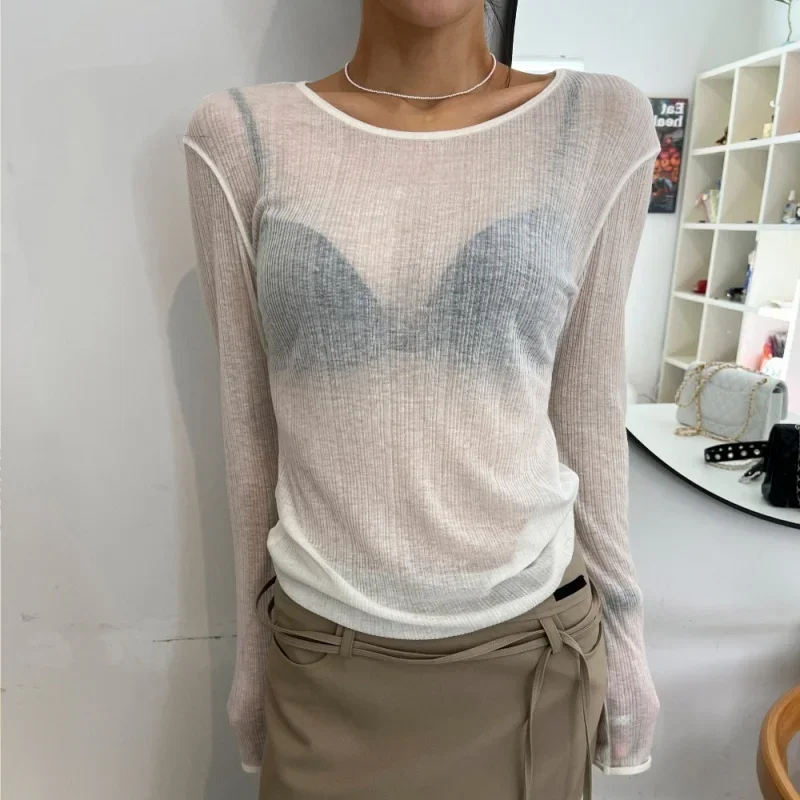 Zjaiss New Long Sleeve Base T-Shirt Fashion Round Neck Thin Sheer Solid Top Women Summer 2026 Simple Versatile Female Clothing