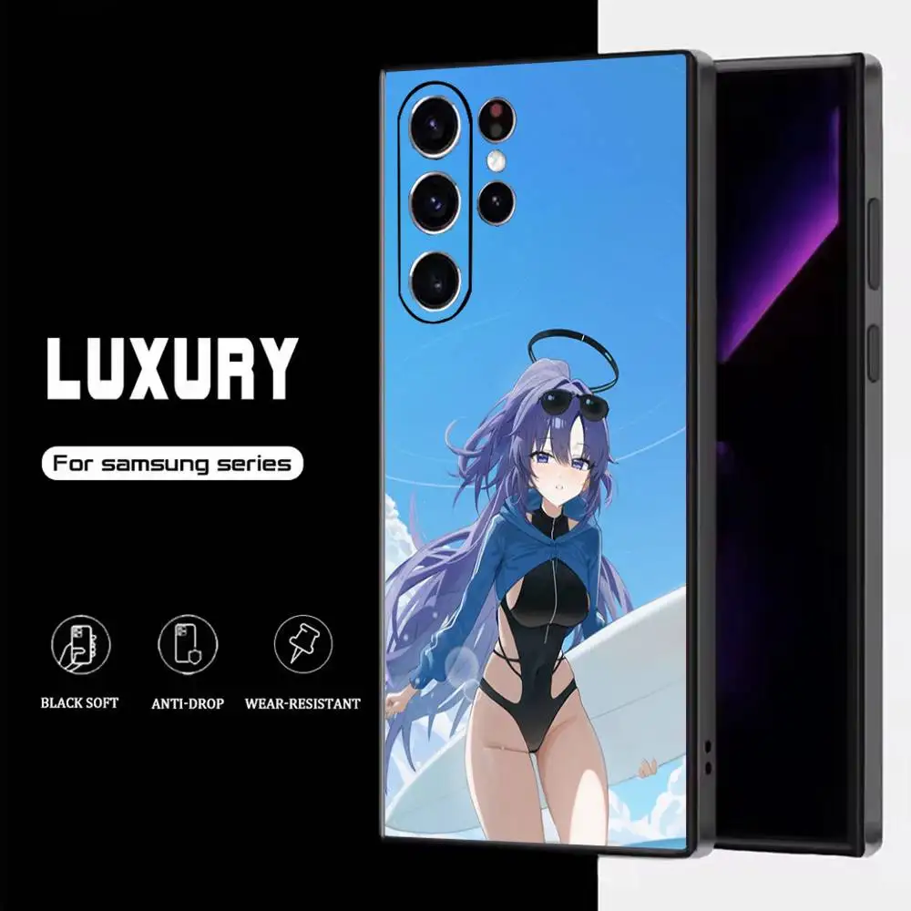 حافظة هاتف Hayase Yuuka Blue A-Archive لهاتف سامسونج S25، S24، S23، S22، S21، S20، S10، Ultra، Plus، Lite، FE، غطاء أسود من السيليكون الناعم #6