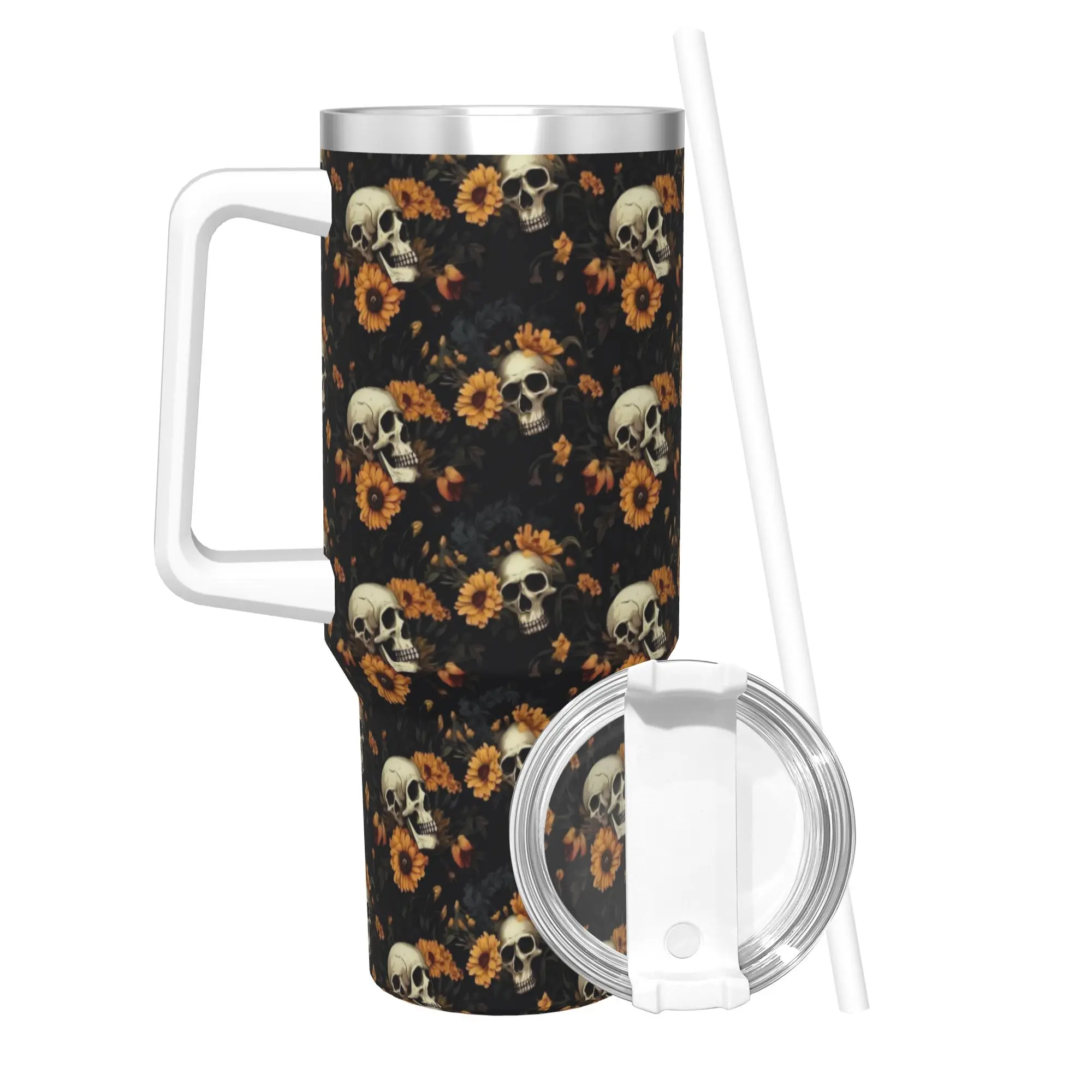 Halloween Skulls And Flowers Gothic Goth Tumbler 40oz Stainless Steel Double Wall Vacuum Insulated  Travel Mug With Straw