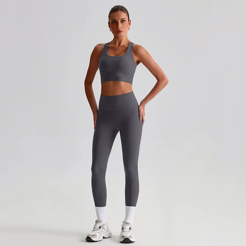 Naked Feel Yoga Set Women Fitness Sportswear 2 Piece Strappy Sports Bra High Waist Gym Leggings Workout Outfit Active Wear image 5