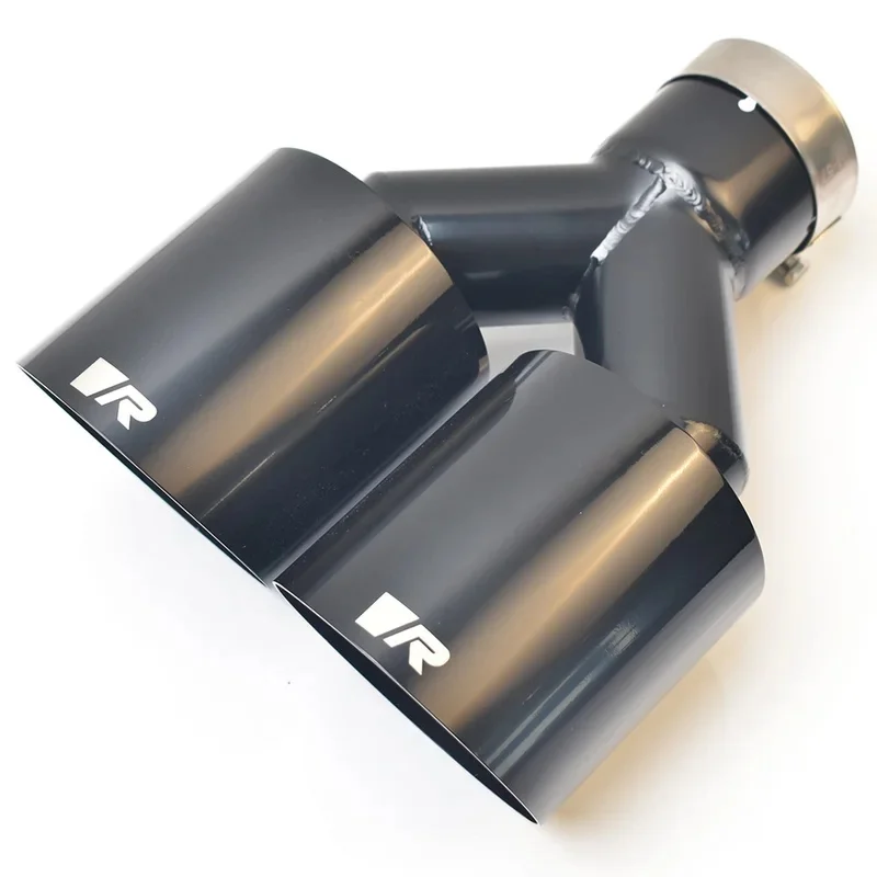 High Quality R Dual Car Modification Glossy Black Stainless Steel Universal Exhaust Pipe Double Equal Length Slash Cut Muffler T