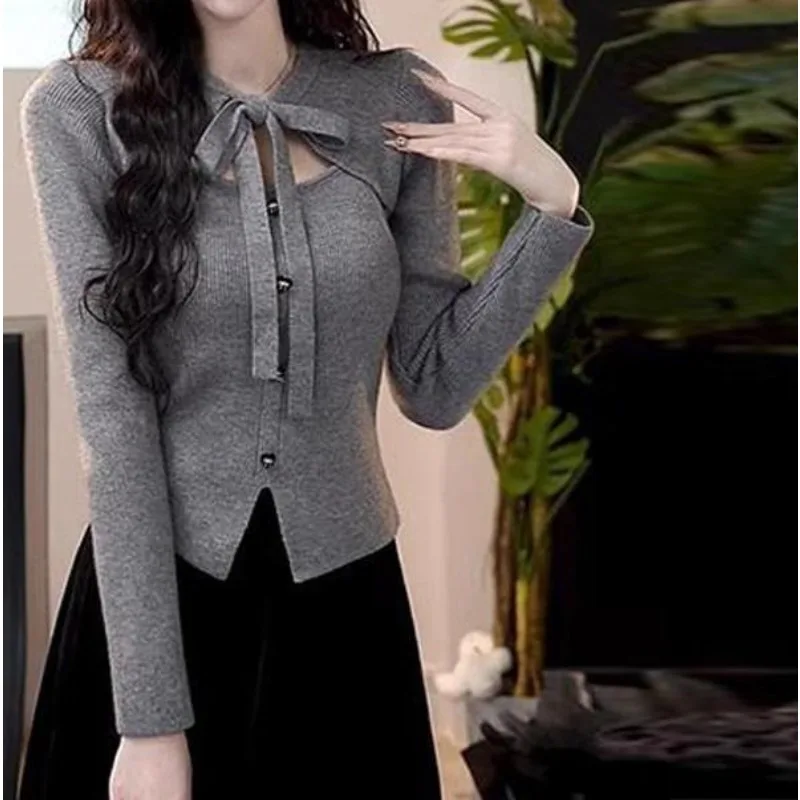 

Christmas Wear Xiaoxiangfeng Bow Knitted Sweater Women's Autumn and Winter Red Sweater with Fake Two Slim-fit Tops