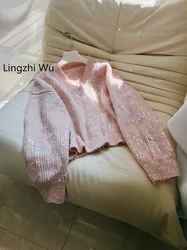 Lingzhi Wu 2024 Spring French V-Neck Loose Pink Knitting Shirt Top Quality Sequins Pullovers Top New Arrival