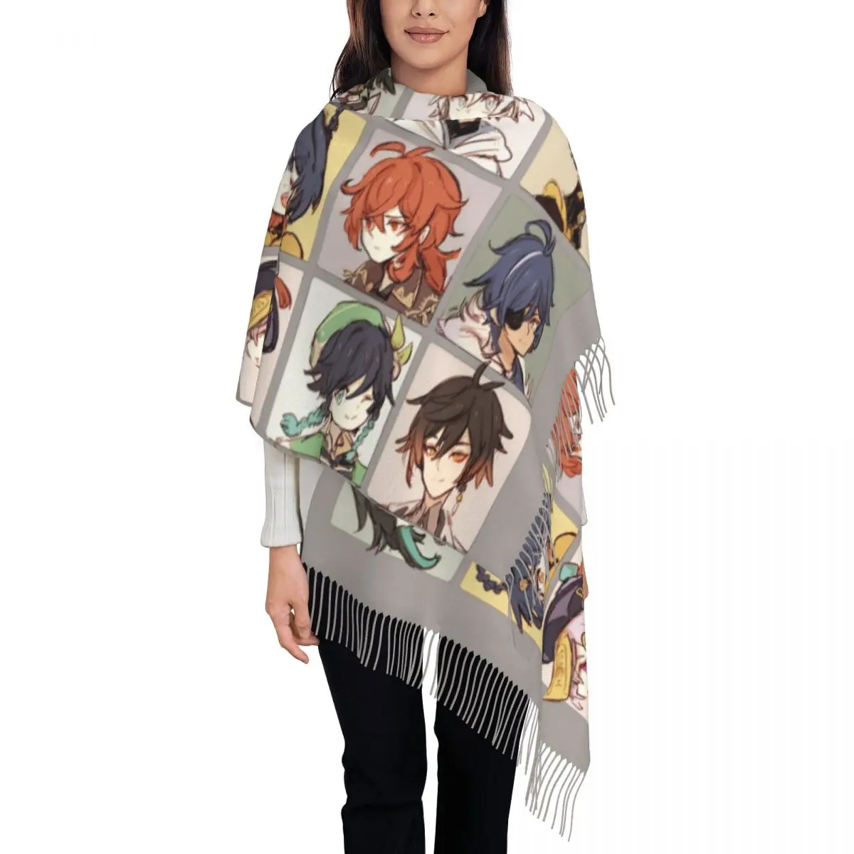 

Customized Printed Genshin Impact Characters Chibi Assemble Scarf Men Women Winter Warm Scarves Manga Shawl Wrap