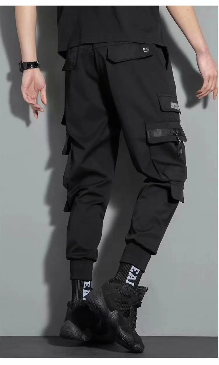 Thin Streetwear Casual Pants Men Ribbons Harem Jogging Pants Male Slim Fit Spring Cargo Pants Multi-Pockets Women Trouser J9