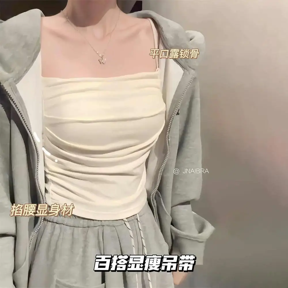 

Short Pure Desire Folded Strap Vest With Built In Bra Spaghetti Strap Tube Top Casual Woman Clothing Solid Color Cropped Top