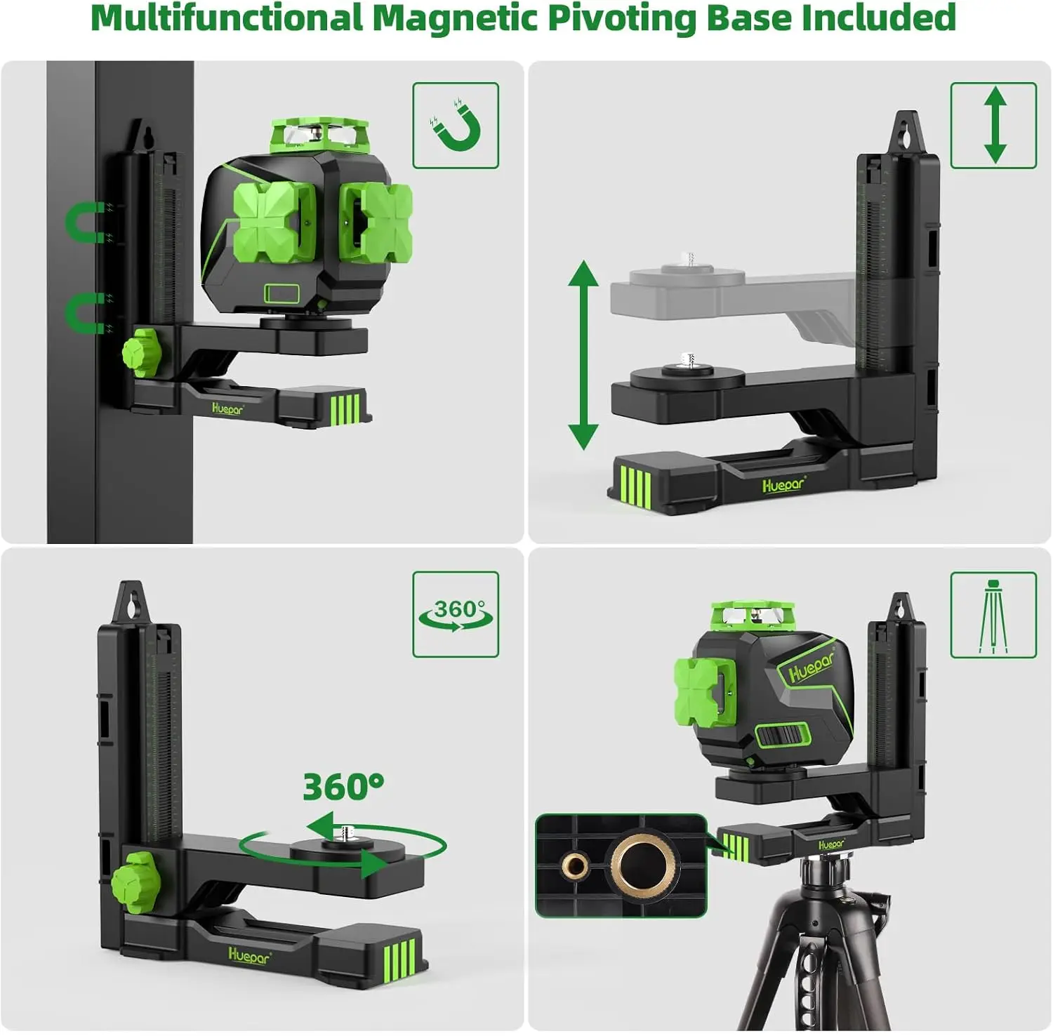 Huepar S03CG-LC 3D Cross Line Laser Level Self-leveling 12 Lines Osram Green Level Alignment Laser Tool With Li-ion Battery