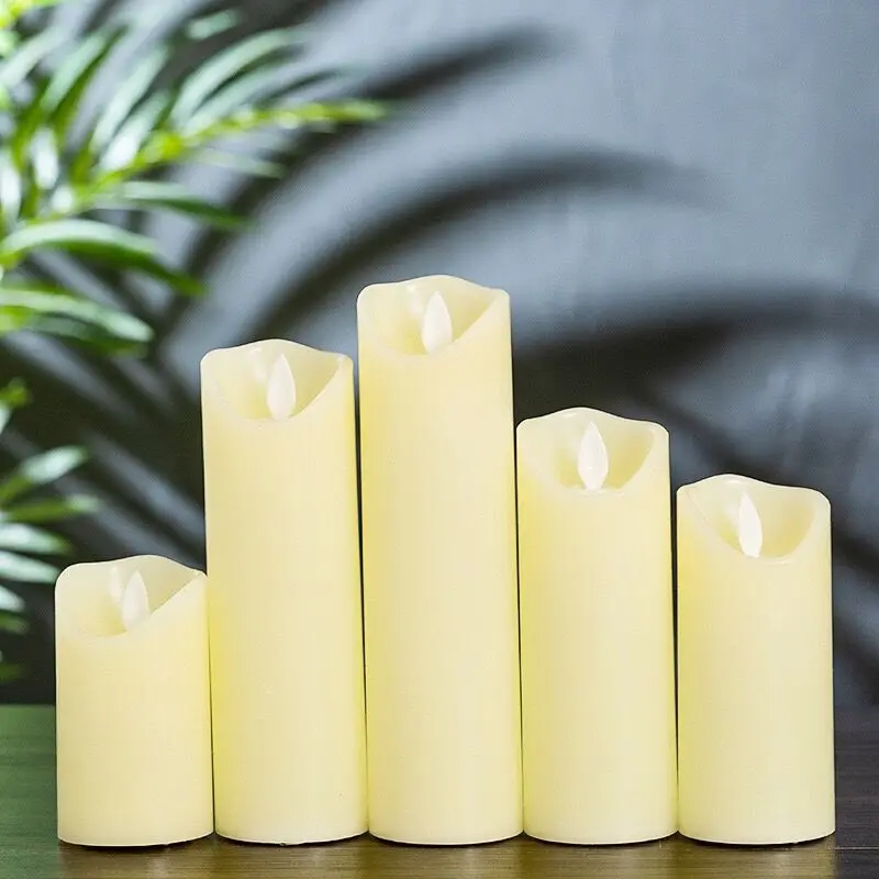 Set of 5 Rechargeable Led candle pillar paraffin wax Wavy edge Moving wick Wedding Xmas Party bar Decoration 13-14-16-18-20CM(H)