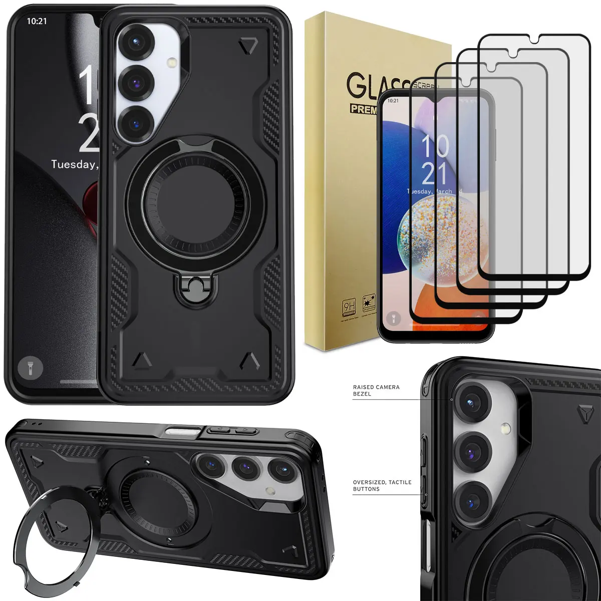 

Черный чехол для Samsung Galaxy A14 4G A14 5G, противоударный чехол с подставкой и 4 шт., защитные пленки из закаленного стекла с полным покрытием